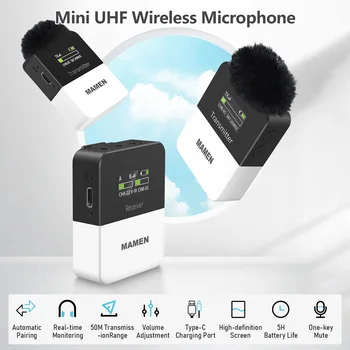 Беспроводная Микрофонная Система MAMEN UHF Clip-on Mic 50 М Дальность Передачи 3,5 мм Штекер для Смартфона DSLR Камеры Портативного ПК Видеоблог  5