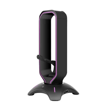 RGB-подставка для наушников, держатель гарнитуры, полка для настольного дисплея с 2 USB-портами, стол для аксессуаров для игровых ПК (розовый)  10