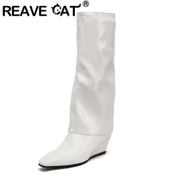 REAVE CAT/ Модные сапоги до колена, женские ботинки на танкетке с квадратным носком, на молнии, Большие размеры 33-45, Однотонные, черные, белые, осенняя новинка S2748  5