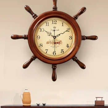 Настенные часы рулевого из массива дерева в американском стиле, бесшумные настенные часы в европейском стиле для гостиной, домашние креативные настенные часы Кварцевые  10