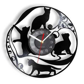 Альбом с теневыми рисунками кошачьих силуэтов Настенные часы для любителей кошек Домашний декор Котята Виниловая пластинка Часы для гостиной Бесшумные часы Kitty  10